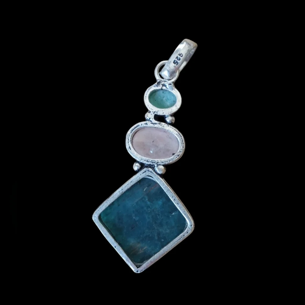 Amazing Amazonite, Rose Quartz & Blue Apatite 925 SS Pendant Necklace 18" - Picture 4 of 8